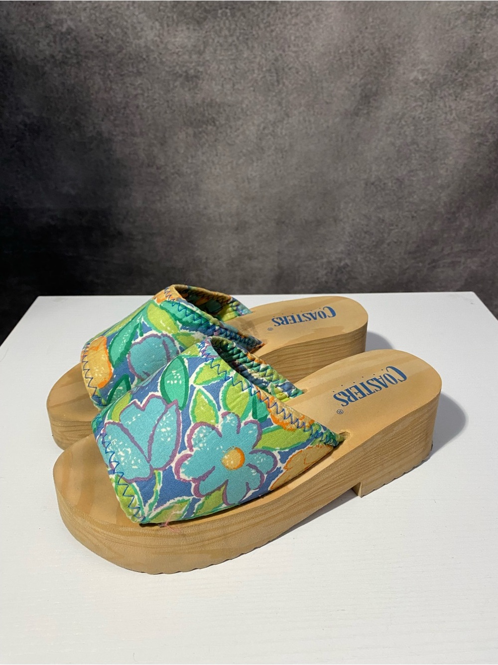Vtg 90s Coasters Faux Wood Platform Sandals Floral Slide Wedge Clog Women’s SZ6